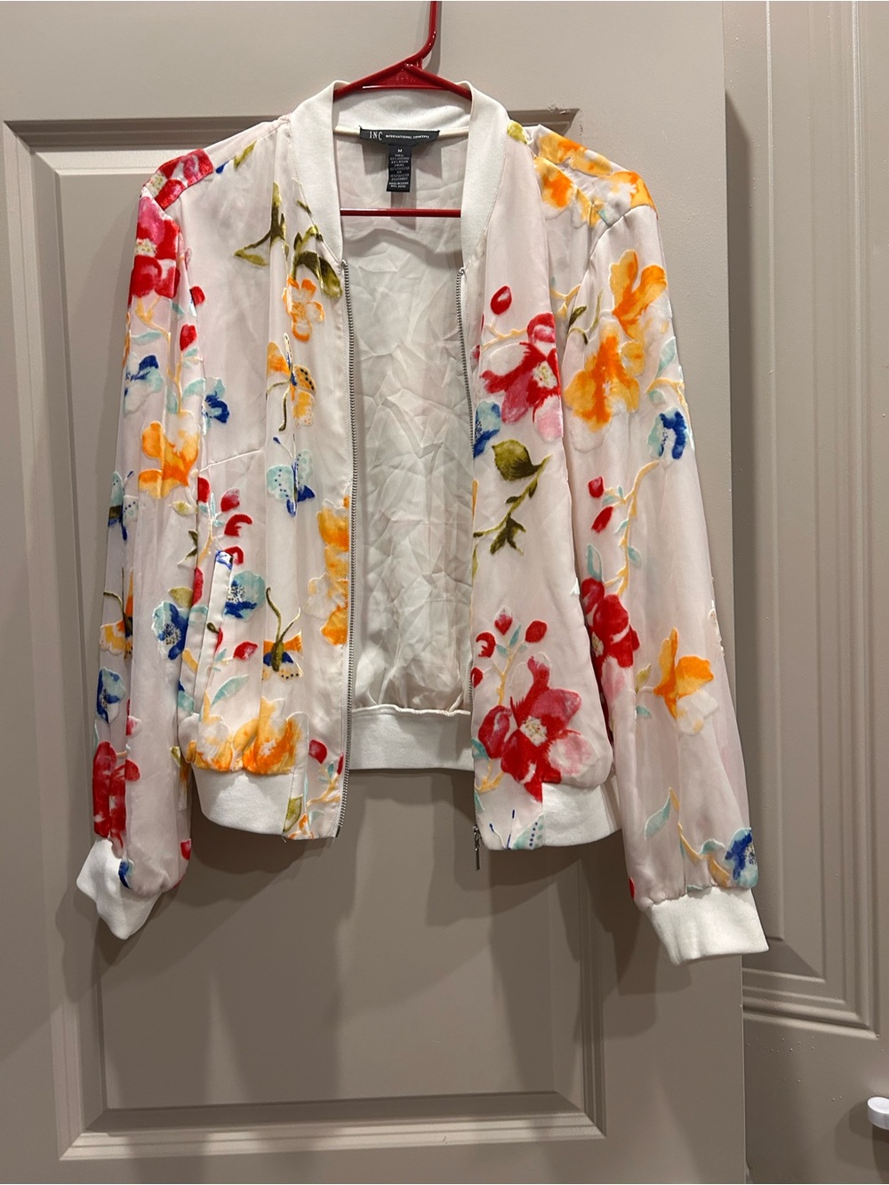 INC International Concepts White Floral Bomber Jacket with Red & Yellow Accents